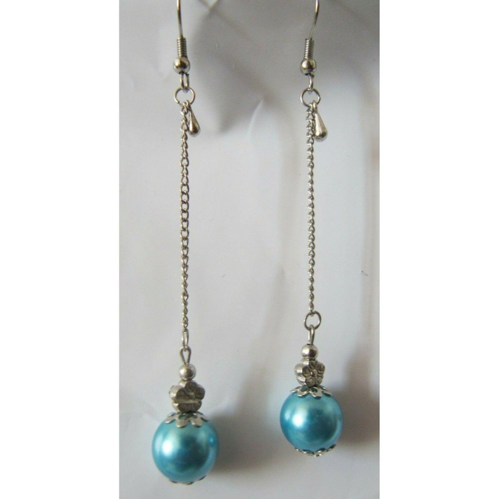 Silver and Frosted Blue Bead Dangle Fashion Earrings CA131